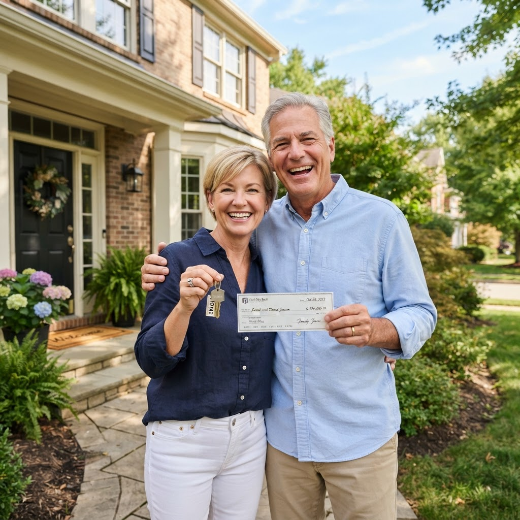 Happy homeowners holding keys after selling their house to Gentile Buys